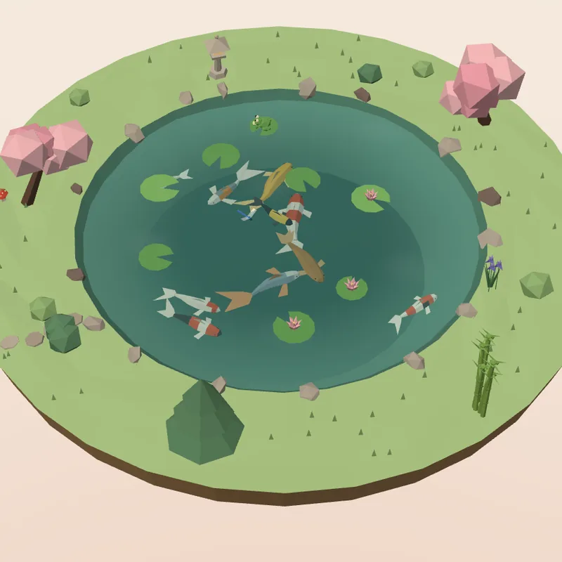 Remansia’s floating island with its pond, cherry trees in bloom and a stone lantern.